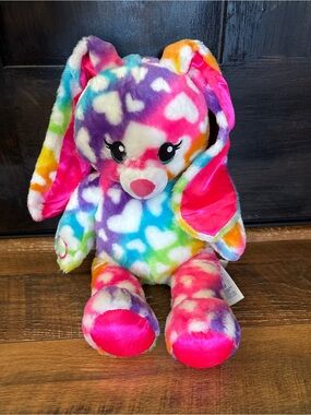 2019 Build A Bear Rainbow Bunny Hearts Bright Soft Long Ears 16” Tall